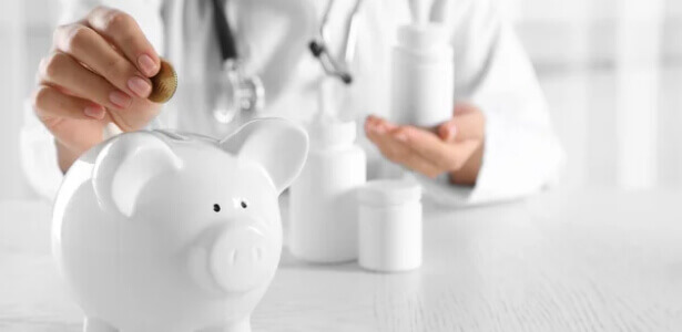 A doctor saving money in a piggy bank, symbolizing financial planning